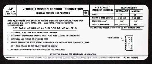 1971 Emission Decal, A/T or M/T, 350-2V, California US, AP