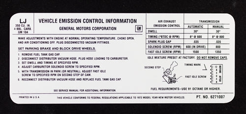 1972 Engine Emission Decal, 350 with 4 BBL, LJ Code 6271007