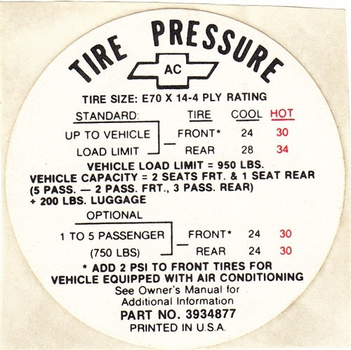 1968 Nova Tire Pressure Decal, E70 x 14, With Air, AC, 3934877