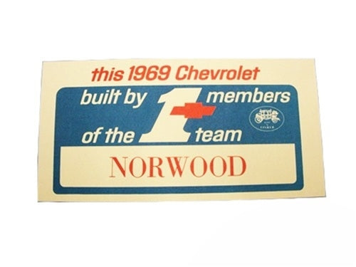 1969 Chevelle / Nova Built By The Number 1 Team, Norwood Dash Window Card