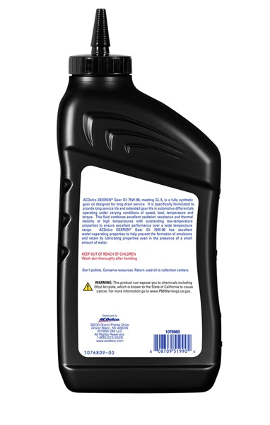 ACDelco DEXRON Synthetic Rear End Axle Lubricant 75W-90 Gear Oil, 32 OZ, Angle 2