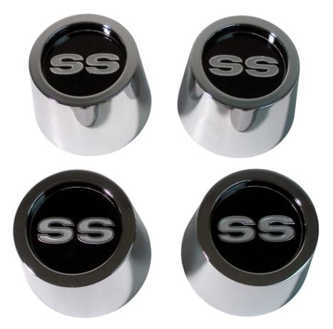 "SS" Chrome Wheel Center Caps, Retainers, and Hardware Kit - Correct Deep Dish, Angle 2