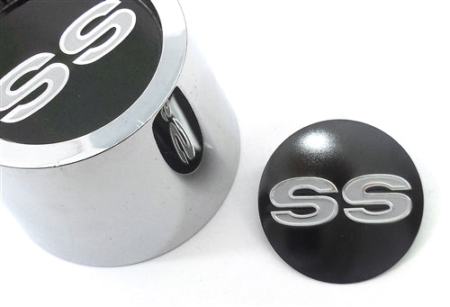 1969 - 1970 Chevelle and Nova Center Cap Sticker Decal with RAISED Silver "SS" Logo, 1 3/4 Inch, OE Style, Angle 2