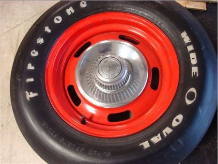 Chevy Rally Wheels with Firestone F70-15 Wide Oval Tires, Pair, Angle 2