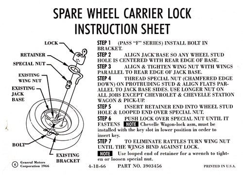 1968 - 1972 Chevelle and Nova Spare Wheel Carrier Lock Instruction Information Decal